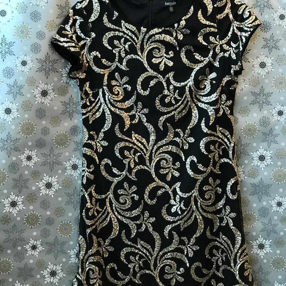 Black with gold sequin design over entire dress